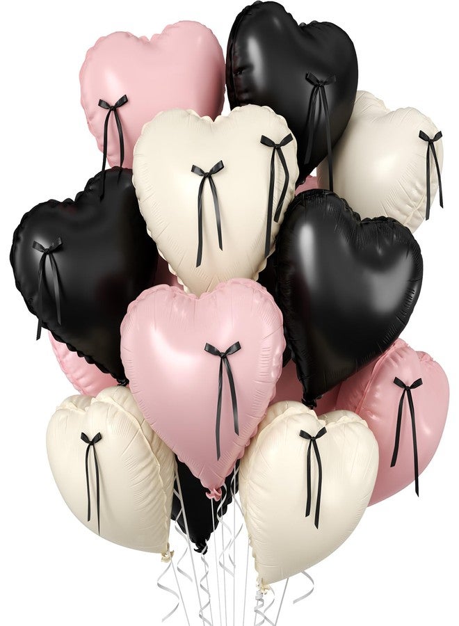 Biapian Pink and Black Heart Balloons, 10 Pcs Baby Pink Cream Heart Shaped Balloon with Black Bow Ribbon, 18 Inch Pink Sand White Foil Balloons for Brithday Baby Shower Wedding Valentines Party Decoration - Image 1